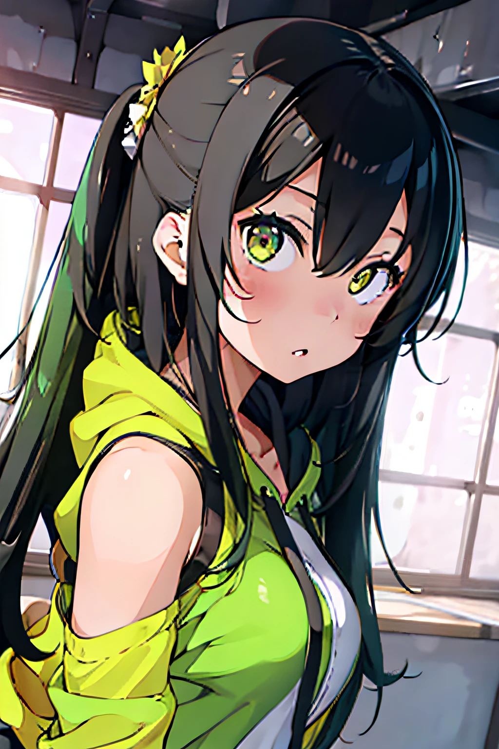 1girl), bottomless, anime style, polished and powerful look, exotic, girl design, mara, portrait, giesha, anime image, with yellow green side tail long hair, showing shoulder, black and green punk hoodie, low angle, wide angle lens f/2.8, ultra insane high resolution intricate textures, texture indentation, perfect perspective, perfect geometry, ultra insane ambient lighting, ultra insane ambient shadows, luminism, tessellation, maximalism, perfectionism, IPA Award wining masterpiece, full body, sex, fellatio gesture