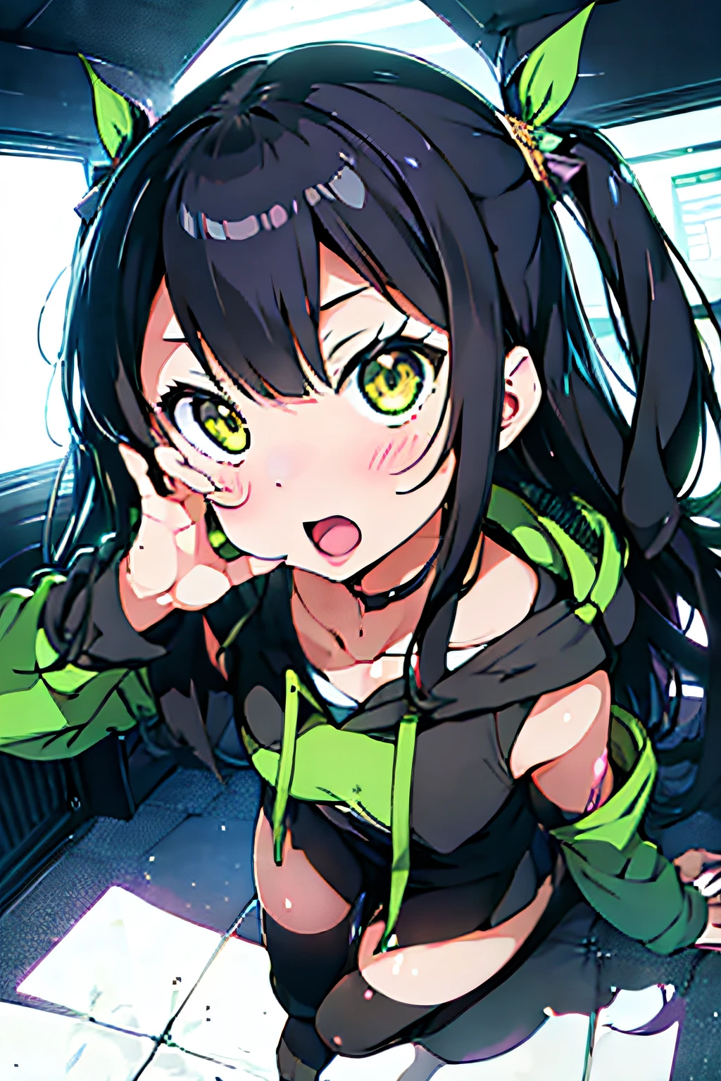 1girl), bottomless, anime style, polished and powerful look, exotic, girl design, mara, portrait, giesha, anime image, with yellow green side tail long hair, showing shoulder, black and green punk hoodie, low angle, wide angle lens f/2.8, ultra insane high resolution intricate textures, texture indentation, perfect perspective, perfect geometry, ultra insane ambient lighting, ultra insane ambient shadows, luminism, tessellation, maximalism, perfectionism, IPA Award wining masterpiece, full body, sex, fellatio gesture