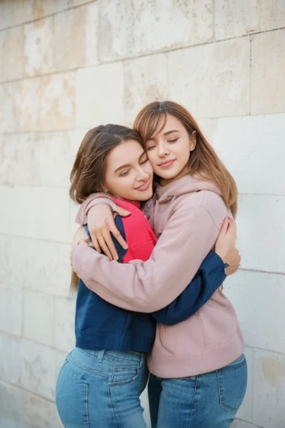 two women hugging in front of a wall, Mujer sosteniendo a otra mujer, Retrato de mujeres abrazadas, hugging each other, lesbian embrace, Dos hermosas mujeres enamoradas, Hugging, brazo alrededor de su cuello, dos chicas, ( ( Emma Lindstrom ) ), holding each other, Abrazos y acunamientos, Dos mujeres, Pokimane, Jovana Rikalo, abrazar