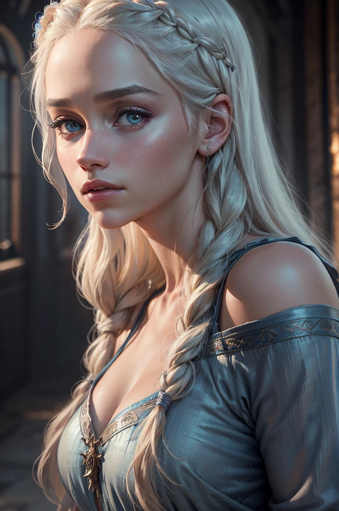 (best quality,4k,highres,masterpiece:1.2),ultra-detailed,(realistic,photorealistic,photo-realistic:1.37),Daenerys Targaryen portrait,beautiful detailed eyes,beautiful detailed lips,extremely detailed eyes and face,long eyelashes,gorgeous woman,confident expression,soft skin tones,elaborate braided blonde hair flowing down her back,flowing blue dress,light blue eyes,sharp focus,stunningly vibrant colors,low-key lighting,mysterious atmosphere