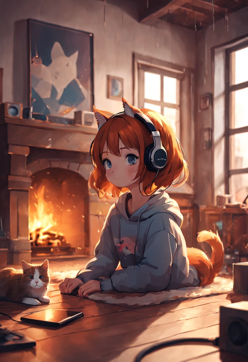 a cute girl listening to music, wearing headphones, inside a room, fireplace, cat on the fireplace, video in the room, rainy day