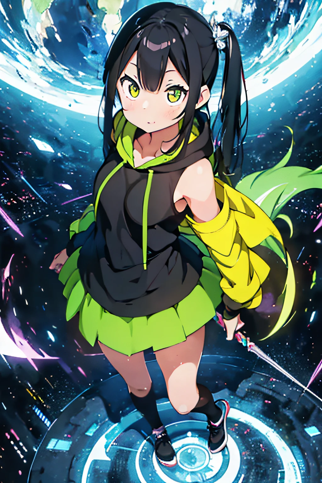 1girl), bottomless, anime style, polished and powerful look, exotic, girl design, mara, portrait, giesha, anime image, with yellow green side tail long hair, showing shoulder, black and green punk hoodie, low angle, wide angle lens f/2.8, ultra insane high resolution intricate textures, texture indentation, perfect perspective, perfect geometry, ultra insane ambient lighting, ultra insane ambient shadows, luminism, tessellation, maximalism, perfectionism, IPA Award wining masterpiece, full body