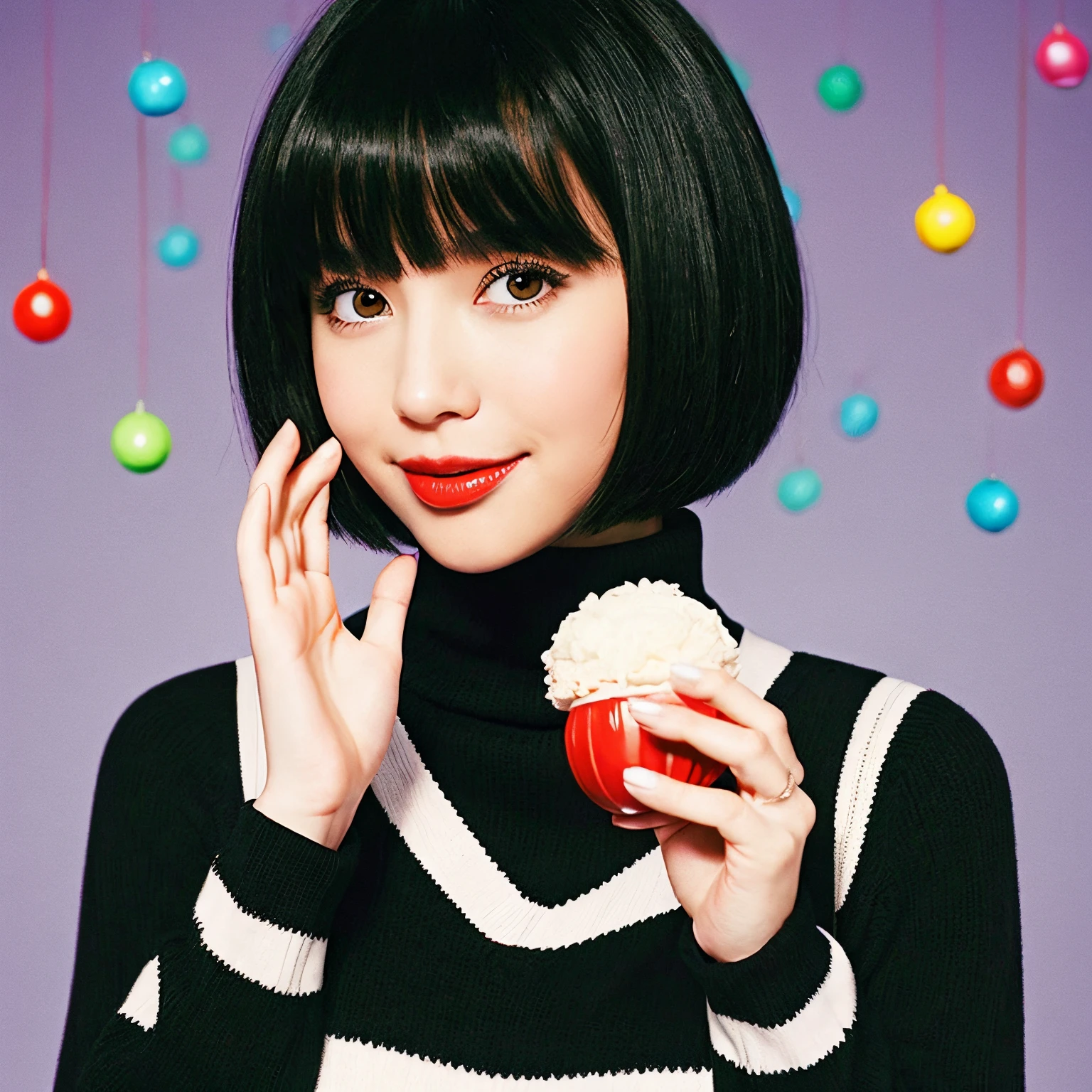 Disney Pixar A girl with black hair and a bob with bangs is wearing a black and white striped turtleneck.A girl with blonde hair and long, half-twin hair with parted bangs is wearing a black and white fluffy sweater. I'm about to eat a candy apple.。