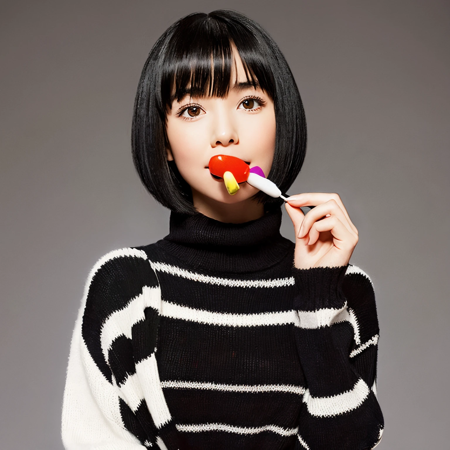 Disney Pixar A girl with black hair and a bob with bangs is wearing a black and white striped turtleneck.A girl with blonde hair and long, half-twin hair with parted bangs is wearing a black and white fluffy sweater. I'm about to eat a candy apple.。
