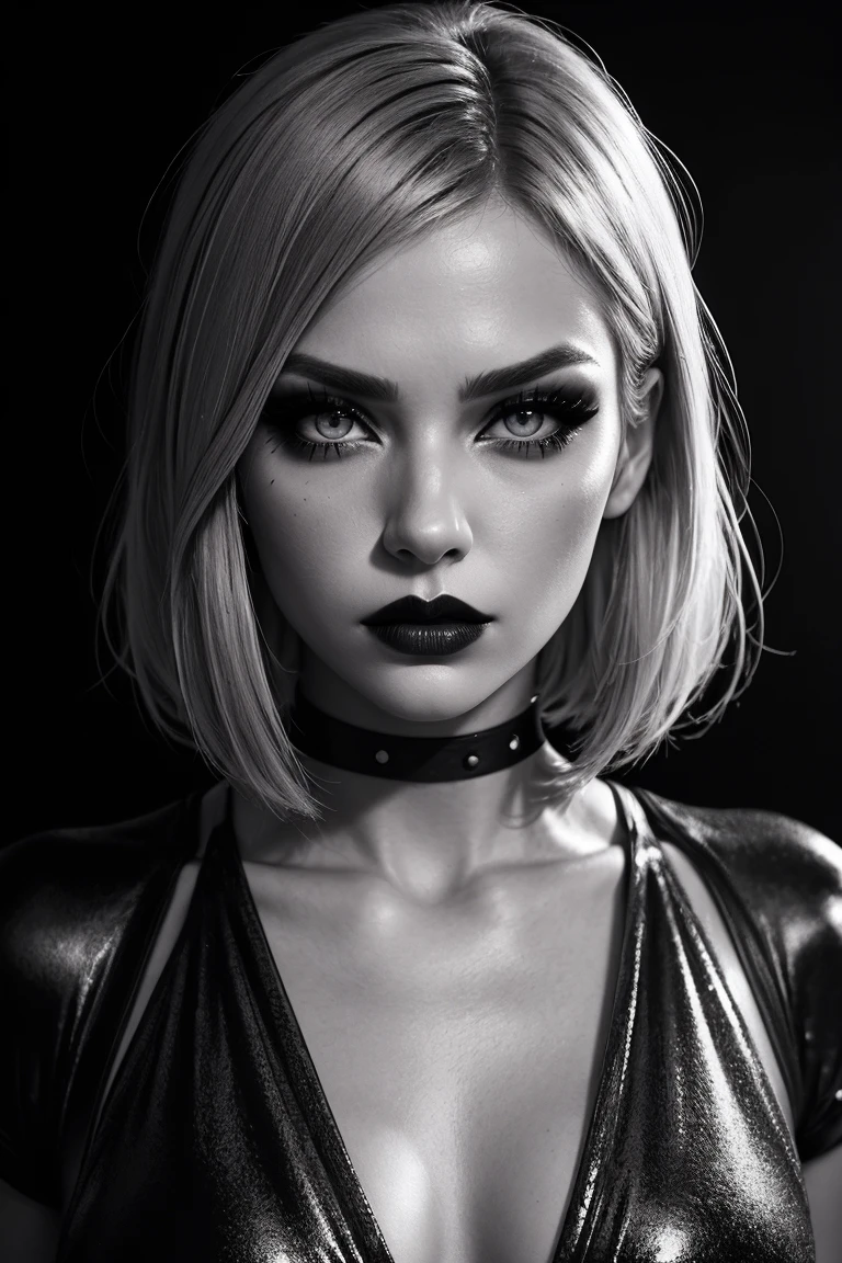 Striking strawberry blonde,angled bob, with intense makeup, including smoky eyes and bold lips, exuding confidence and sophistication, a fierce expression highlighting the glamour, against a dark and moody background, dynamic and gritty monochrome photography style, high-definition quality.