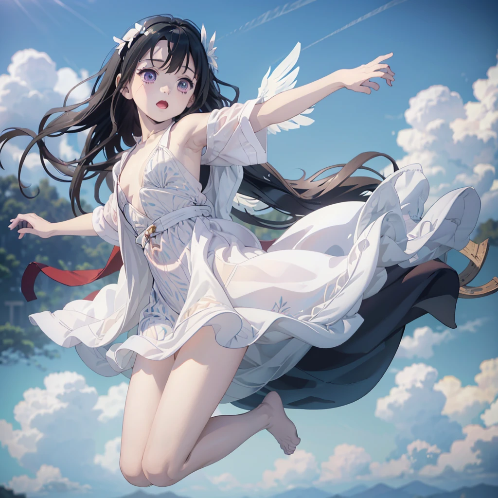 ​masterpiece, top-quality, in 8K, realperson, realisitic, Highly detailed CG, shinny skin, Fully Focused, surrealistic, blue-sky, ((Floating in the air)), The Glory of God, ((Little Angel)), cute little, Appearance of about , (fullnude), white feathers dance, Full body like