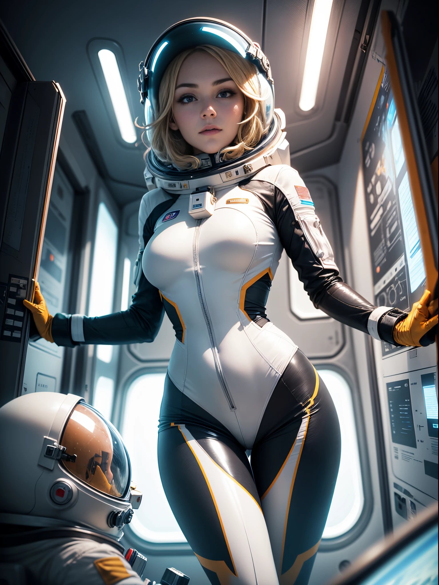 25 years old American woman, ((full body)), ((nude)), ((heavily armored space commander)), beautiful chest, standing with her legs spread apart, in her huge space ship at deep space far from the galaxy, no planet and no moon around there, milky way outside of the ship, zoom in from below