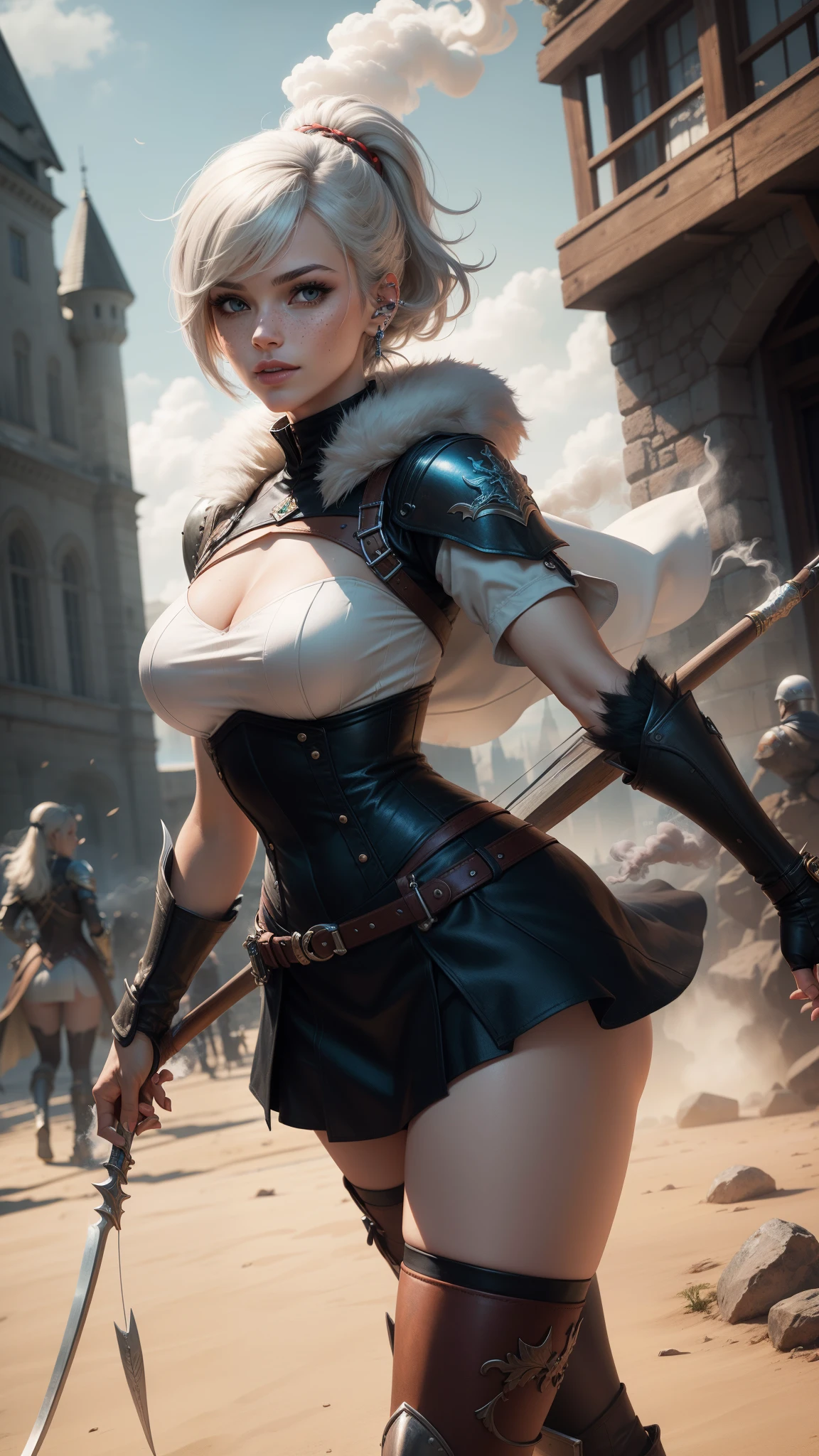 gwen tennyson,yorha 2b,tracer,rebecca chambers,overwatch,atelier ryza,close up,castle under siege,tattoos,orange and white plugsuit,steel short sleeve viking top,leather short sleeve valkyrie armor,steel tight skirt,white viking corset,ponytail hair,battle makeup,green eyes,multicolored silver hair,sexy smile,freckles,beautiful girl,fur thigh high boots,large breasts,8k,ultra detailed,realistic,fantasy art,valkyrie uniform,warrior queen uniform,hair pin,ear piercings,battlefield,viking hand and neck jewelry,(weather:smoke rising),1girl,long knight cloak,bow and arrow,arrow quiver,