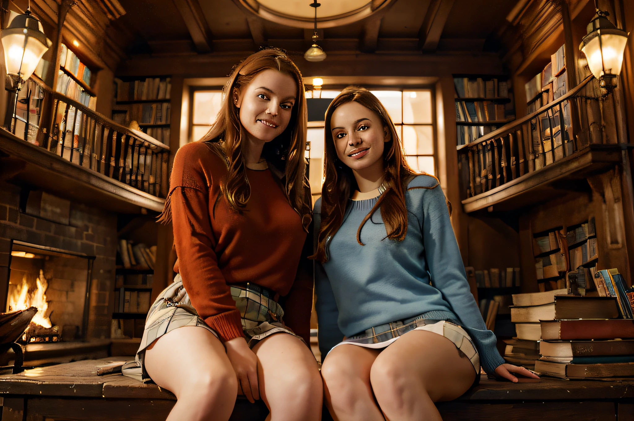 photo realism, HD low angle, close up image of a sensible, bookish 22 years old British woman, long dark hair braid, sitting next to a 24 year old beautiful red head Irish Girl with long bright red hair, wearing a thick white pullover, legs crossed, wearing a thick traditional English pullover, wearing a long tartan skirt, standing in front of an old building that on fire, big smile, deep blue eyes, high detail eyes, full figure, small breasts, burning library in the background, lots of people in background, dynamic lighting, cinematic shadows, flat art, uhd, absurd