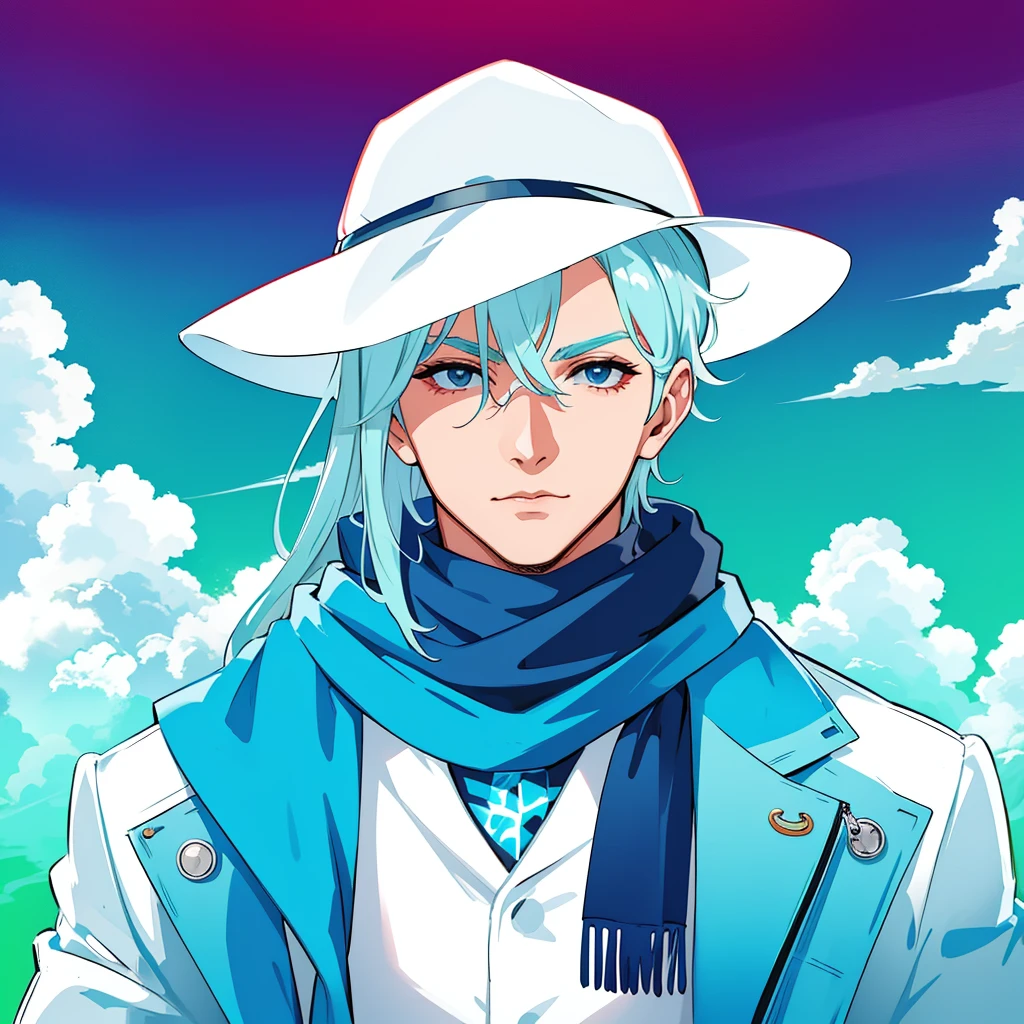 1boy, electric skin, skin type electric blue, skin color blue electric, mafia theme, 1900, mafia man, scarf, solo, looking at viewer, Upper body, sky, Best quality, upper brush scheme, dreamy, mystic, Fog, Electric, Electricity, sparks, lensflare, smothless clotheasterpiece:1.2, Best quality)