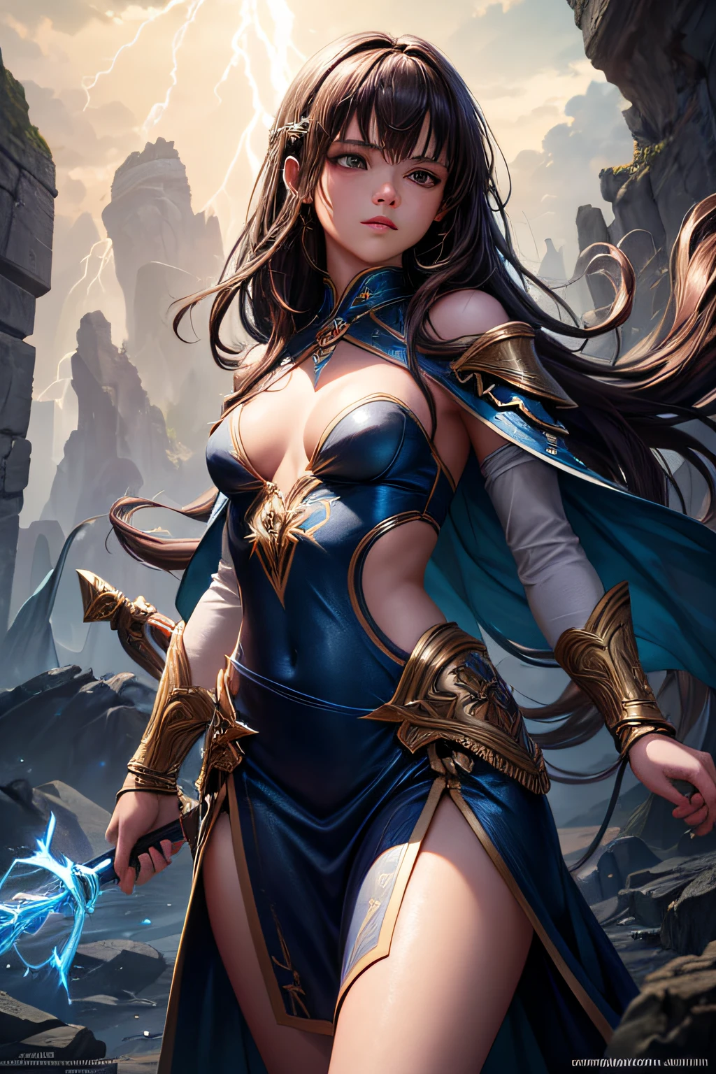 , southamerican, brown hair, lightning mage, sorceress, lightning goddess, streams of lightning covering her body, mages dress made of lightning, controling all lightning around her, makes lightning around her body, wielding a magic staff, ancient cave in background, sexi, small breasts, , highly detailed, vibrant appearance, creative behavior, extremly detailed, imaginative, sensual, spontaneous, highest quality, skin texture, intricate details, (cinematic lighting), RAW photo, 8k, masterpiece,best quality,ultra-detailed,very detailed illustrations,extremely detailed,intricate details,highres,super complex details,extremely detailed 8k cg wallpaper,