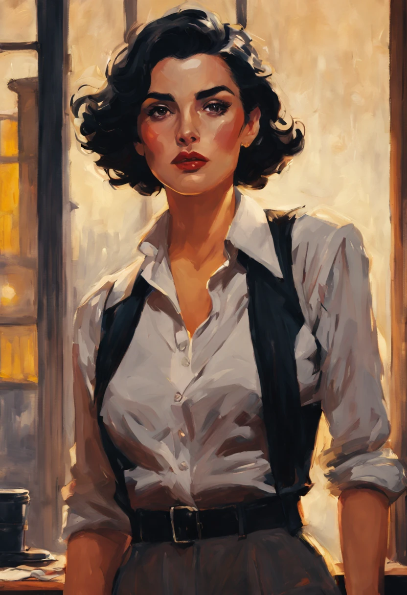 Pulp vibes, gouche and pastel textures , paint, masterwork, set in the 1940s. Depict a kinda of messy, side swept, black hair, modern beauty standards beautiful physically strong italian woman, hook nose, short-medium black hair, wearing a vest and tailored shirt with suspender. detective office at night background