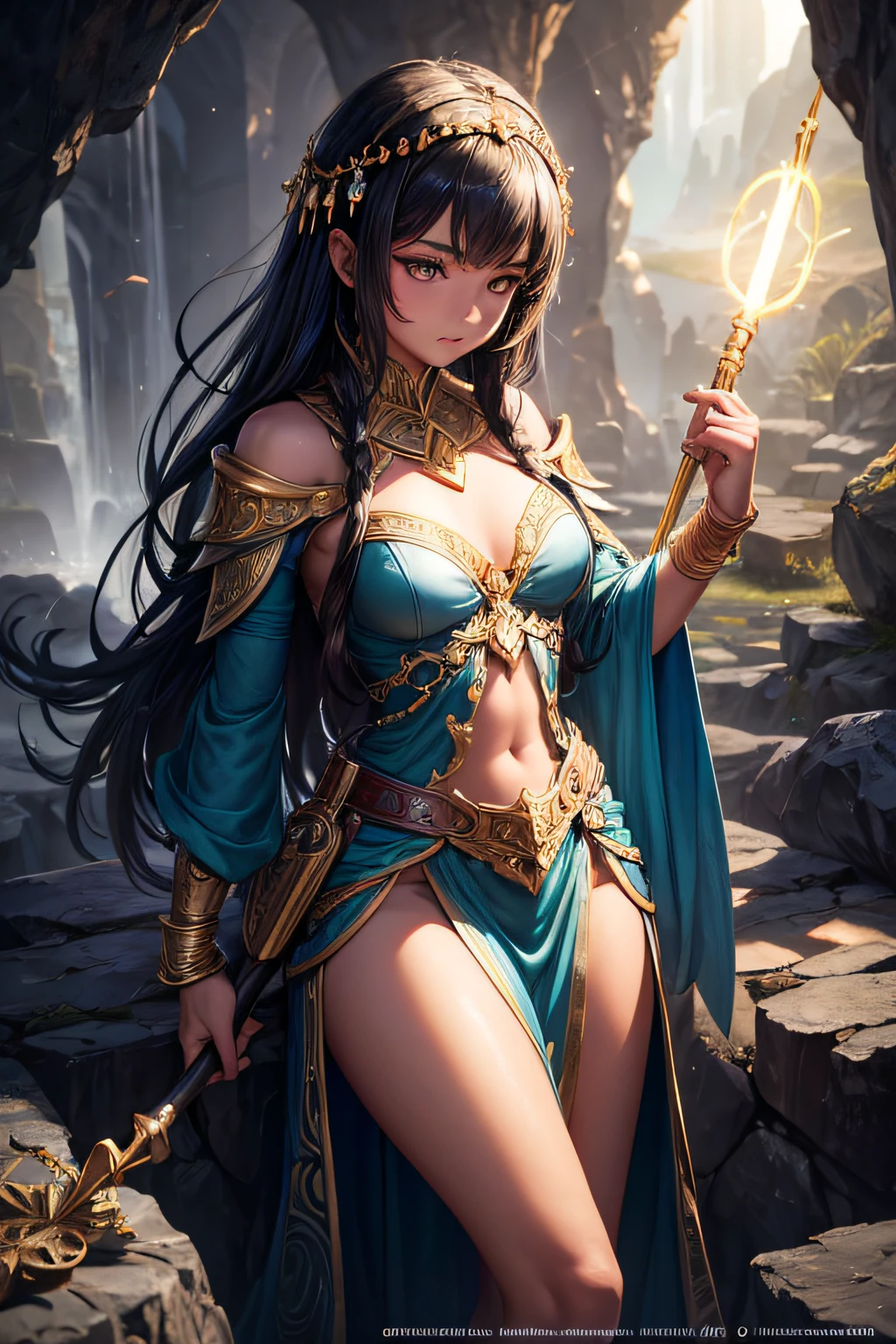 young teen girl, african girl, earth mage, sorceress, earth goddess, mages dress, controling all rocks around her, floating rocks around her, wielding a magic staff, ancient cave in background, sexi, small breasts, , highly detailed, vibrant appearance, creative behavior, extremly detailed, imaginative, sensual, spontaneous, highest quality, skin texture, intricate details, (cinematic lighting), RAW photo, 8k, masterpiece,best quality,ultra-detailed,very detailed illustrations,extremely detailed,intricate details,highres,super complex details,extremely detailed 8k cg wallpaper,