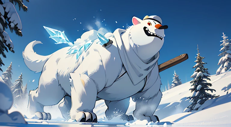 01_(Epic character).(One in the frame). (Huge block of snow). (Big - scary snowman). Horizontal composition, with some offset from the center-wide format. (A large body of snow, an awkward mass of snow, composed of three rounded snow blocks). (Living creature, in a fighting pose, decisive nature, threateningly scary). (Snowman, a fantastic fantasy image, a creature created from snow, created for battles, attacks and intimidation). (In thick snowy paws, he holds an ice ax, on a long handle, made of ice, a very powerful weapon, large - at full height). (The ice body of the monster consists of three ice blocks - a typical design of a snowman, strength and power live in it, it is ready to attack). (The body is covered with imitation armor, old car bumpers, headlights, license plates, hung on a snow uniform - symbolize armor, metal armor). (A frightening muzzle, in an animation style, with a cheerful grin, a snowy mouth gaping in a smile, an icicle, crazy eyes glowing with blue light, a black felt hat on the head, decorated with trinkets and amulets). (This is an epic character in animated style, animated film).
02_The composition is located in a horizontal frame, in the hand is a powerful ice ax. Eliminate symmetry, the main mass of the hero is not placed clearly in the center - with a slight offset, Mood, fairy tale, magic, absurdity, fighting stance, and powerful snow form.
03_ Cold range of lighting, evening, snow storm, elements, gusty wind, slanting snow whirlwinds, ice patterns on the background, dark blue, snowy background. Contrasting, clear lighting, warm magical light, clear cold shadows, contrasting image. Ice, snow, snow decor, intricate patterns, and ice ornaments on the body. The highest image quality, a masterpiece, computer graphics. Cinematic level of performance, animated film. HD quality, wide format, 8K. , Unreal engine.