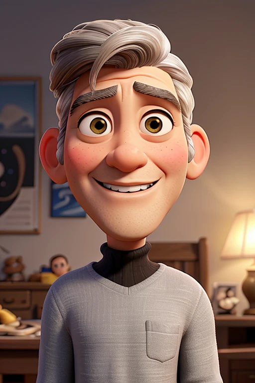 Gere uma imagem de George Clooney inspirada nos estilos visuais dos filmes "UP!" e "Ratatouille" da Pixar. In this representation, Clooney wears a black turtleneck sweater that adds a touch of elegance to her figure.
George Clooney is smiling with a wide smile, exibindo os dentes de maneira natural e confiante, in line with Pixar's expressive aesthetic. His brown eyes are large and expressive, capturing the actor's characteristic intensity and charisma. Make sure he is looking directly at the camera, conveying the confidence and striking presence that are characteristic of Clooney.
The lighting in the scene highlights Clooney's facial features in a friendly way., com uma luz frontal suave que enfatiza seu rosto. Adicionalmente, uma luz azulada vinda de lado adiciona um toque sutil de cor, inspirado na atmosfera visualmente atraente dos filmes da Pixar.
The scenery is composed of a plain gray background., evoking the cinematic and elegant aesthetic present in Pixar films. This composition aims to capture the unique and expressive essence of the characters in these animations., while celebrating the charismatic presence of George Clooney
