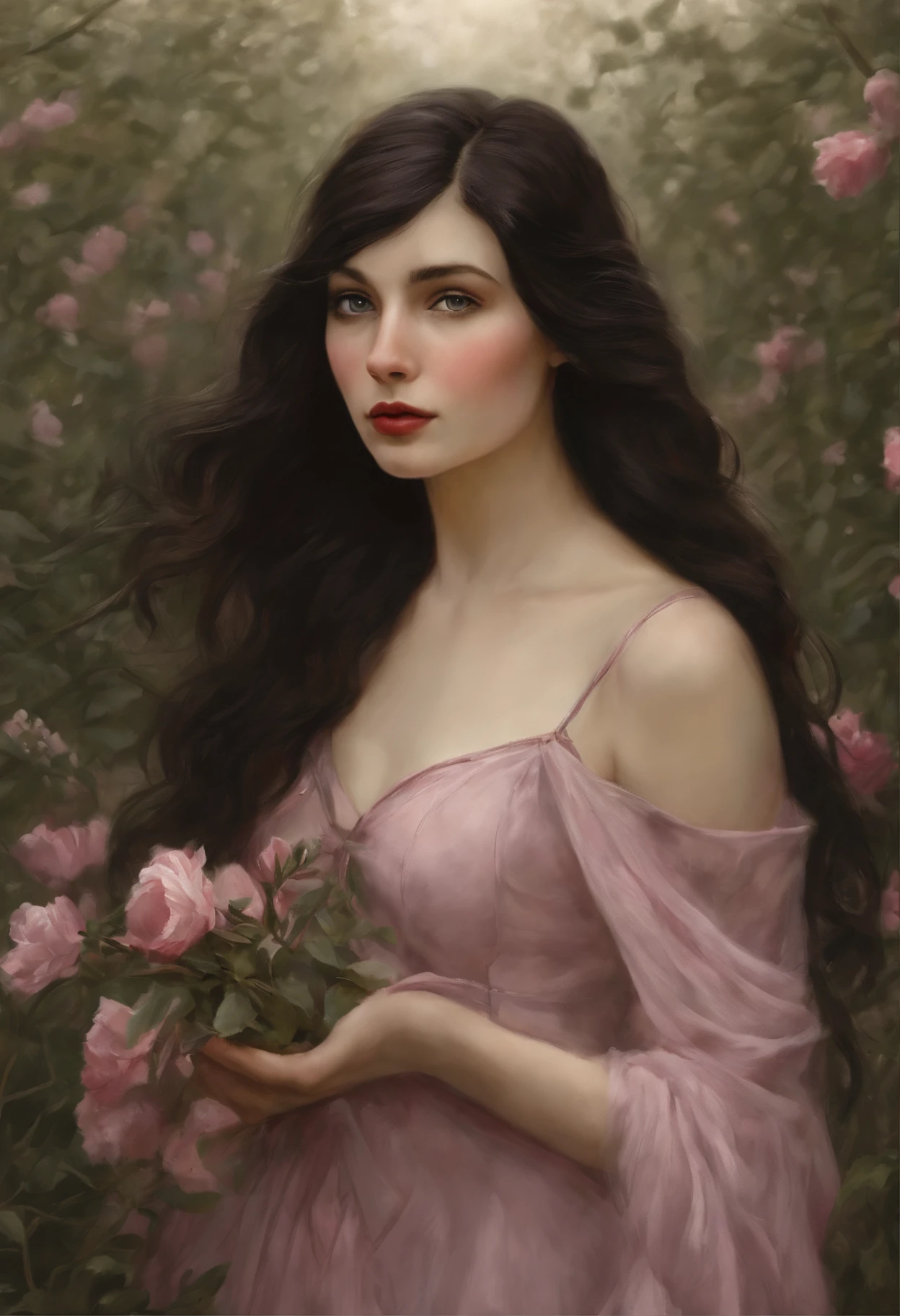 真实感, a painting, dark fantasy style, John Tolkien style, Small painting by Jean-Baptiste Monge, Soft facial features, Rocker Girl, Human Hand, Very clear, Without flaws, five fingers, with bright makeup, a little full, fat, slight excess weight, Average height, dark pink lips, lip shape"bow" ,"Cool eyebrows in the shape of Angryburts, light gray eyes, almond-shaped eyes, looking at away, black long wavy hair, large strands of hair fluttering in the wind ,In a short red silk fitted dress with a cutout.....,mischievous character, Mmm, early morning, lavender field Jean-Baptiste Monge, anthropomorphic --ar 2:3 --testp -optimistic;