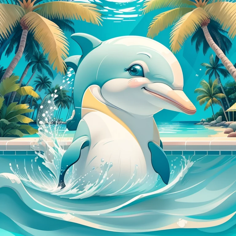 (cute dolphin smiling in swimming pool, beautiful beach with palm trees) Munchkin, Geometric multidimensional wall portrait, livro de arte, Tchibi,
Yang08k, Beautiful, Colouring,
Obras, of the highest quality, best quality, Arte Oficial, Beautiful and Aesthetic,