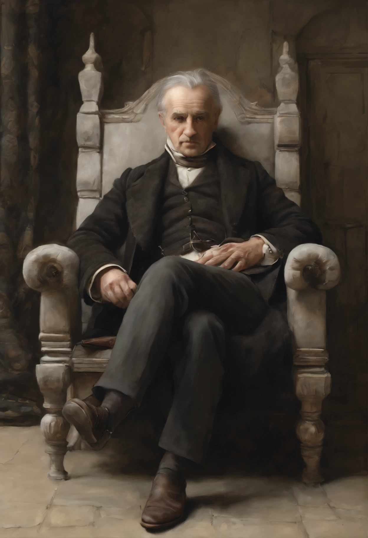 真实感, dark fantasy style, John Tolkien style, Small painting by Jean-Baptiste Monge, Soft facial features, Girl sitting in a big chair, foot on foot, A slight smile on his face, Hands on the armrests  , Human Hand, Very clear, Without flaws, five fingers, with bright makeup, Modern style, dark pink lips,  lip shape"bow" ,"Cool eyebrows in the shape of Angryburts, light gray eyes, large almond-shaped eyes, looking at away, black long wavy hair, Jean-Baptiste Monge, anthropomorphic --ar 2:3 --testp -optimistic;