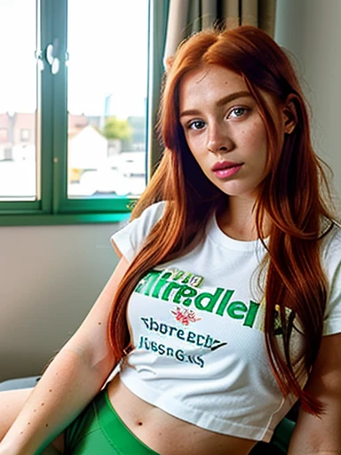 Hyper realistic 23 year old ((redhead)) girl of Irish descent of Irish descent (with freckles) in selfie mode closeup sharp focus highly detailed for instagram Sexy and stylish Snapchat influencer leggins tshirt bed sheets tv mojito light