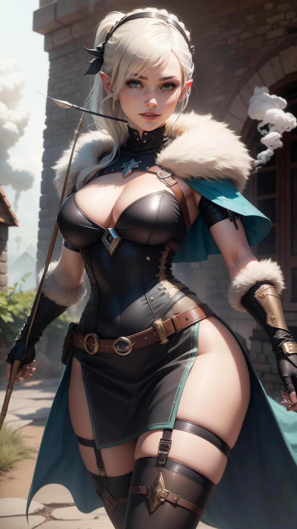 gwen tennyson,yorha 2b,tracer,rebecca chambers,overwatch,atelier ryza,close up,castle under siege,tattoos,orange and white plugsuit,steel short sleeve viking top,leather short sleeve valkyrie armor,steel tight skirt,white viking corset,ponytail hair,battle makeup,green eyes,multicolored silver hair,sexy smile,freckles,beautiful girl,fur thigh high boots,large breasts,8k,ultra detailed,realistic,fantasy art,valkyrie uniform,elven queen uniform,hair pin,ear piercings,battlefield,elven hand and neck jewelry,(weather:smoke rising),1girl,long elven cloak,holding a bow and arrow, arrow quiver,