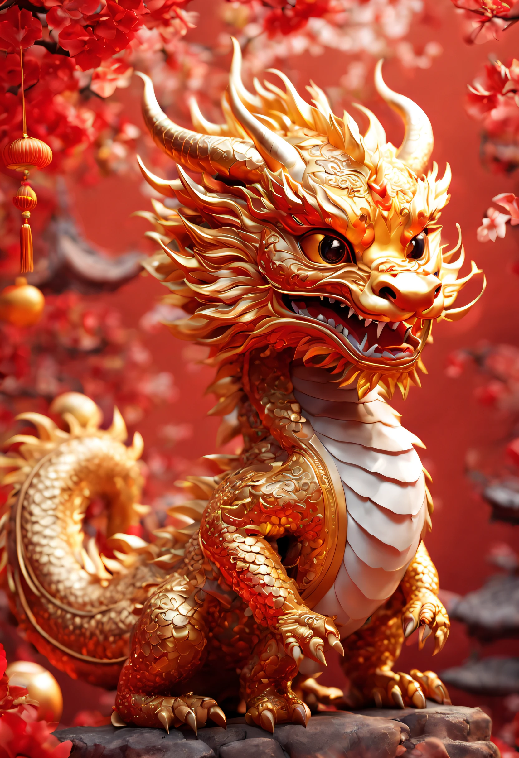 a Chinese dragon cub, lovely and cute, chibi, chinese new year, dynamic pose, enhance, intricate, (best quality, masterpiece, Representative work, official art, Professional, unity 8k wallpaper:1.3)