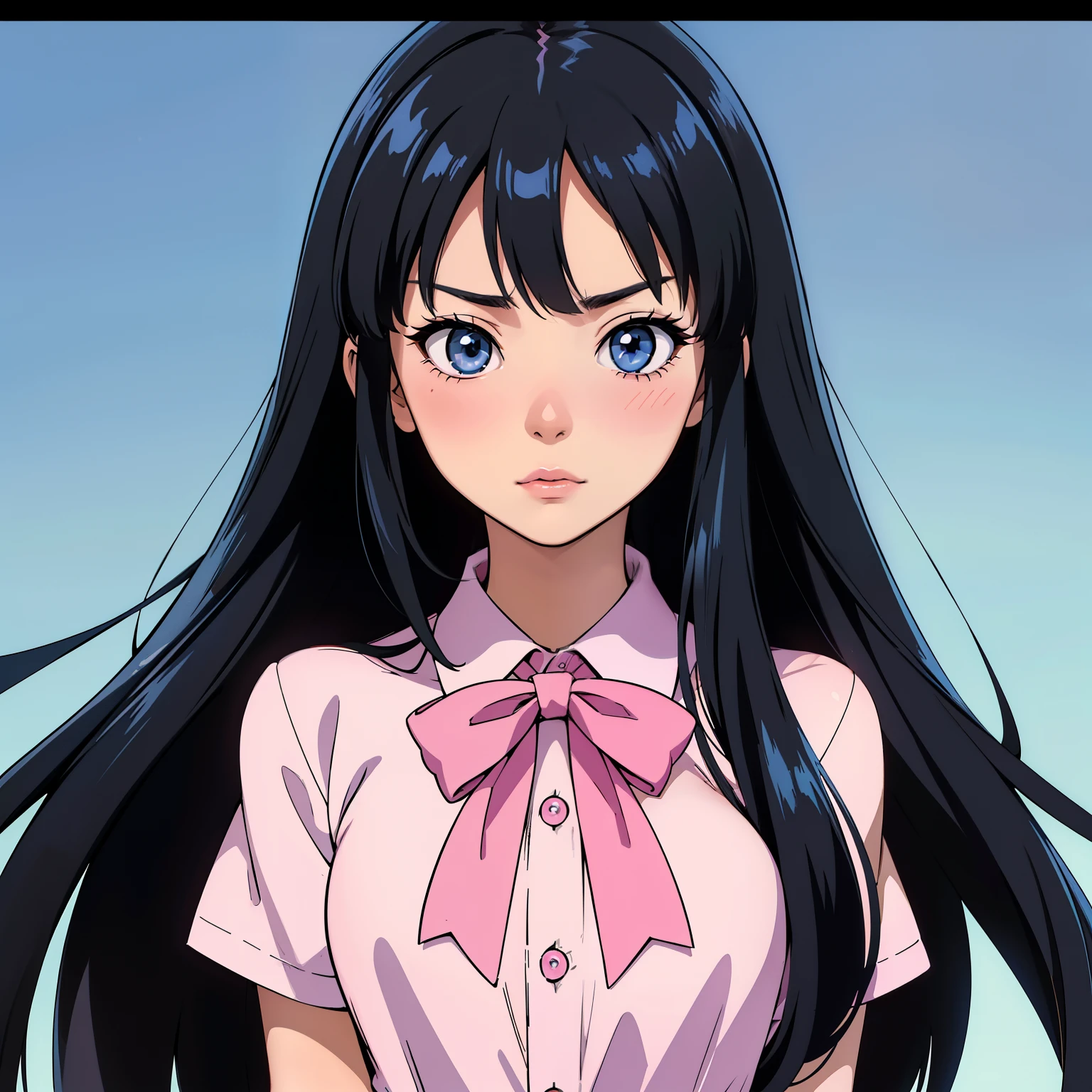 (Best Quality, Sharp anime eyes), detailed anime, blue background, closeup, straight long hair,hair bow,pixelated,blush,luca (kuruton486),black hair bow,highres,1girl,letterboxed,solo,kuruton486,pink casual shirt,blue eyes,shirt,parted bangs