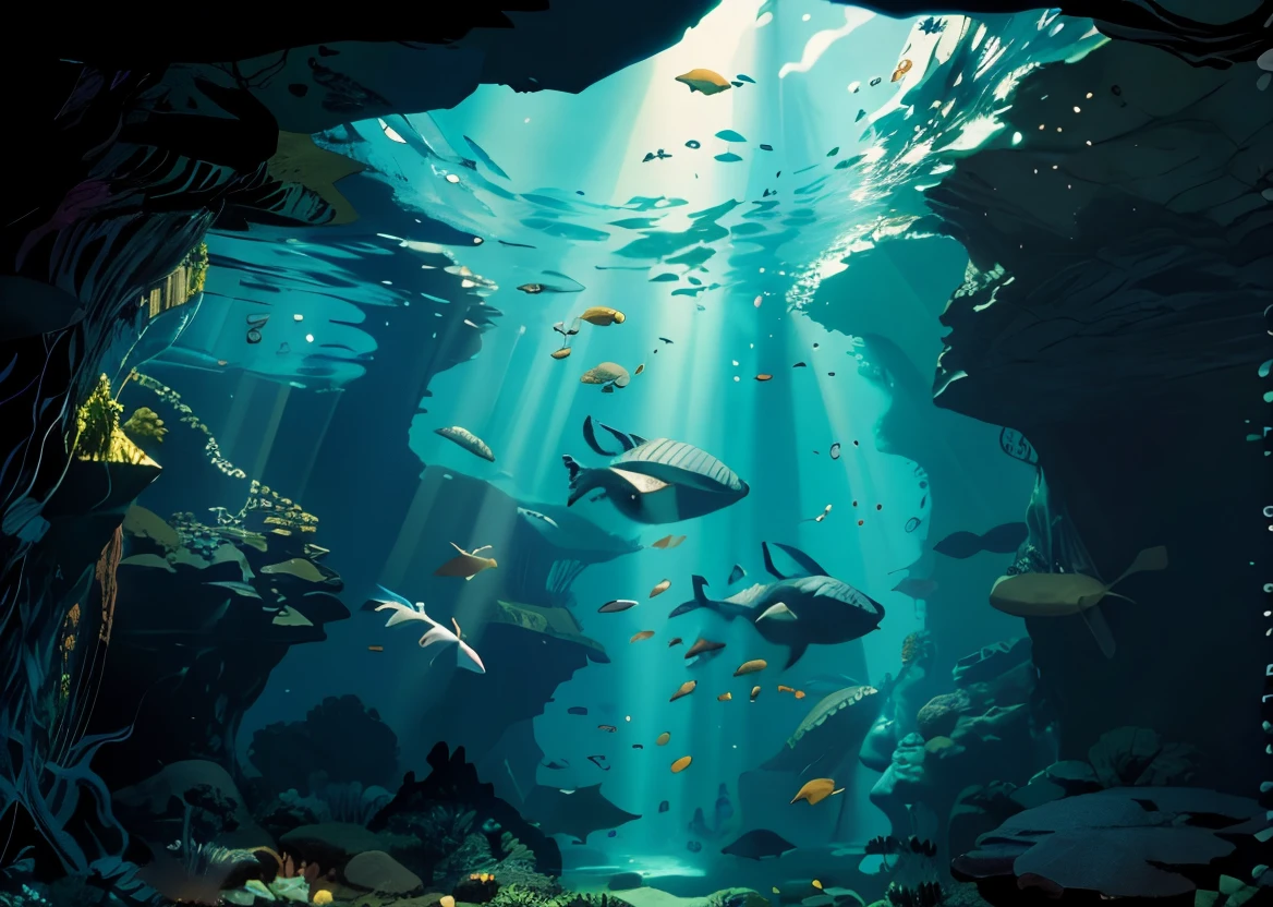 Underwater scenery, wide angle view, ((silhouette)), deep blue mood, dark environment, very deep water, cave diving, (((view from sea bottom, miles far away from water surface))), looking upward, hazy back lighting)), flocks of fishes 🐟🐟🐟🐟🐟🐟🐟🐟, many rare sea creatures,  Tardigrade, (Pantopoda), Giant Isopod,  Chimaera, prehistoric sea creature, sea cliffs, epic acrylic painting