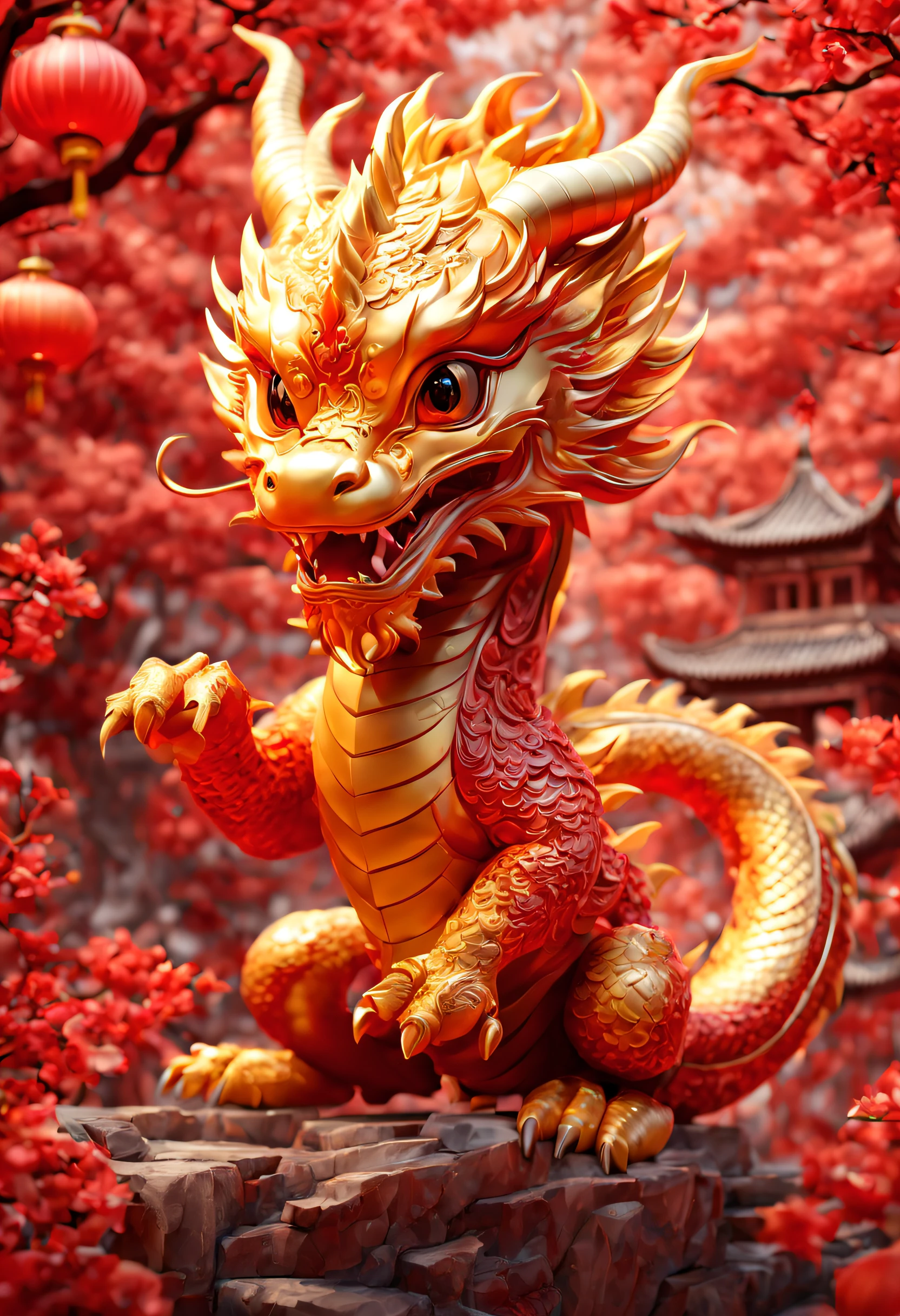 a Chinese dragon cub, lovely and cute, chibi, chinese new year, dynamic pose, enhance, intricate, (best quality, masterpiece, Representative work, official art, Professional, unity 8k wallpaper:1.3)