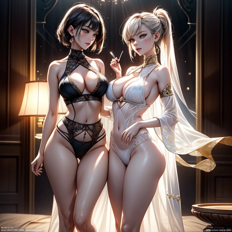 Two girls having close contact, Full body photo of couple, Goddess girl, gorgeous one, splash up, butterflys, Smooth pen and ink, lunar goddess, Whole body diagram, Detailed faces, (Upper part of the body: 1.4), (underwear  transparent: 1.3), Golden decoration, solid black background, body dynamic movement, Oiled, number art, fallopian tube, Full body lesbian, Oriental mandala tattoo, Rich fractals, plata, golds, copper spirit, ancient floating objects, Antique lamps, Sexually suggestive pose, Visible nipple, Thanos  visible, Big breasts are beautiful, sexy for, low chest, Bareleged, cleanness, Eternal, Hanfu, Wet, Realist, highest details, loong pattern, fenghuang, Sankta, jin shan, temple, Countless palaces, cloud, Luce Dorada, Nasturtium, Faraway view, Full body lesbian, Sakimichan Art, light  smile, lacivious pose, transparent costume, light  smile，Estillo Jean-Baptiste Monge, bright, fallopian tube, Cute and cute, filigrees, edge lit, lamplight, extremely , magical, hyper realisitc, like a dream, number art, ample, Artyom and James Jean,ancient floating objects, Antique lamps, fallopian tube, ancient floating objects, Perfect masterpiece, Best quality at best, Perfect illustration, 8K, Observe the audience, cana, fundo vermelho, number art, Flat drawing, Colorful illustration, style of anime,  Shiny, splash, Smooth pen and ink, Complete two female bodies, body dynamic movement, crotch chuck, fluids, 3d fractal, 8 head body, lean legs, Natural sagging, big chest and thin waist, high-heels, Elegant, Complete body, bare-legged, Glow skin, with shiny silver hair, including legs and feet, King size, Slim abs：1.6, The bones are straight, Decorative style, Sports and toned body, dermis, almost no clothes, Lop,  Octagon rendering, number art, extremly high detail, Polished, realistically, Focus sharp, ample, character  design, unreal-engine, a 3D render, Volumetriclighting, rethink, smooth private parts, The cleavage protrudes, Digital illustration, fully body photo, Anatomically correct, hip  cocked, sexually arousing, sexual expressio, Hazy beauty, Camel toes, Short hair details, high ponytails, Award-Awarded, Big breasts that expose the，drenched all over the body，Raised sexy，Big breasts that expose the, Extremely beautiful facial features, putting makeup on，詳細な目，二重まぶた, Natural cheeks，The chin  not pointed，No cross-eyeds，Soft face contours，Willow waist，Colored inner hair，（（（tmasterpiece），（Very detailed CG unified 8k wallpaper），Best quality，电影lamplight，detailed back ground，beautiful pupil，（very delicate beautiful），（Beautiful and detailed eyes description），ultra - detailed，tmasterpiece，））