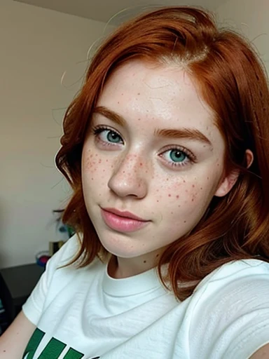 Hyper realistic 23 year old ((redhead)) girl of Irish descent of Irish descent (with freckles) in selfie mode closeup sharp focus highly detailed for instagram Sexy and stylish Snapchat influencer leggins tshirt bed sheets tv mojito light