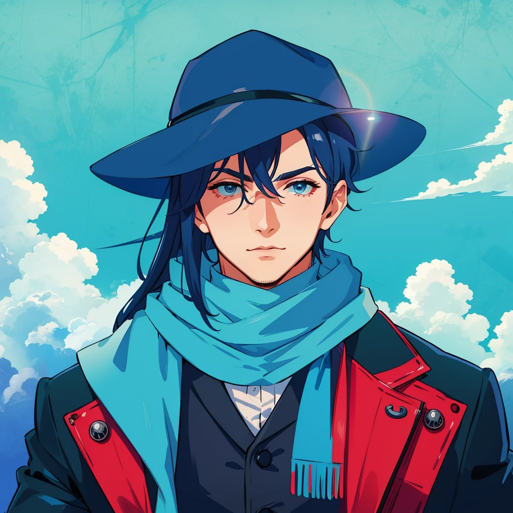 1boy, character skin type blue electric, character body color blue electric, mafia theme, 1900, mafia man, scarf, solo, looking at viewer, Upper body, sky, Best quality, upper brush scheme, dreamy, mystic, Fog, Electric, Electricity, sparks, lensflare, smothless clotheasterpiece:1.2, Best quality)