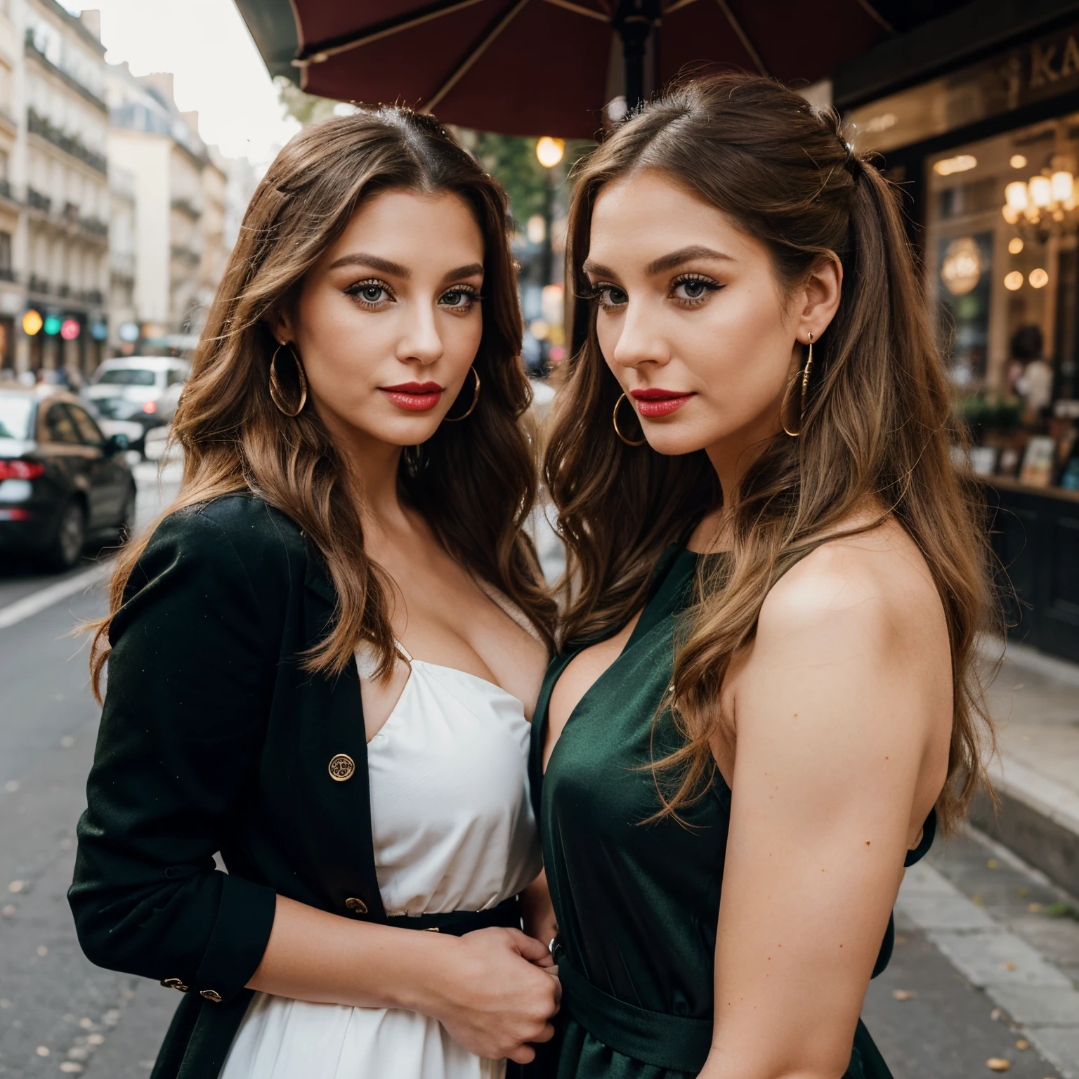 She a beautiful 25 year old lady with waist long blond natural curly hair pony tail, she has foxy eyes with eye liner and long lashes, green eye color, her nose thin and beautiful, her lips are full with some red lipstick, she wearing long black dress with glitters, long earrings and high heels. She in Paris outdoor with her mom, her mom is same tall, around 50 year old , wearing long buttoned coat