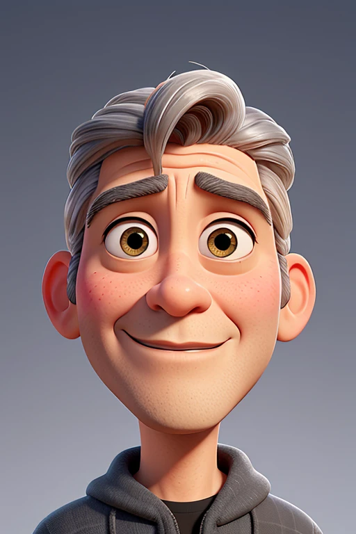Gere uma imagem de George Clooney inspirada nos estilos visuais dos filmes "UP!" e "Ratatouille" da Pixar. In this representation, Clooney only wears a black turtleneck sweater that adds a touch of elegance to his figure.
George Clooney is smiling with a wide smile, exibindo os dentes de maneira natural e confiante, in line with Pixar's expressive aesthetic. His brown eyes are large and expressive, capturing the actor's characteristic intensity and charisma. Make sure he is looking directly at the camera, conveying the confidence and striking presence that are characteristic of Clooney.
The lighting in the scene highlights Clooney's facial features in a friendly way., com uma luz frontal suave que enfatiza seu rosto. Adicionalmente, uma luz azulada vinda de lado adiciona um toque sutil de cor, inspirado na atmosfera visualmente atraente dos filmes da Pixar.
The scenery is composed of a plain gray background., evoking the cinematic and elegant aesthetic present in Pixar films. This composition aims to capture the unique and expressive essence of the characters in these animations., while celebrating the charismatic presence of George Clooney