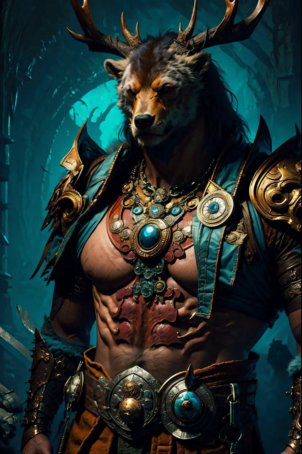 evil, Gothic art, chiaroscuro, tachi-e, projected inset, dutch angle, emphasis lines, masterpiece, ccurate, anatomically correct, highres, best quality, super detail, award winning,D14bl0 style druid,Humanoid monsterale people,Robust body,The upper part of the body,rugged face,without armor,animal skin wrapping body,Be with animals like bears, eagles and deer,Epic war fantasy digital art,(greg rutkovsky:0.8), (cyan and orange:0.4),character chart, tachi-e