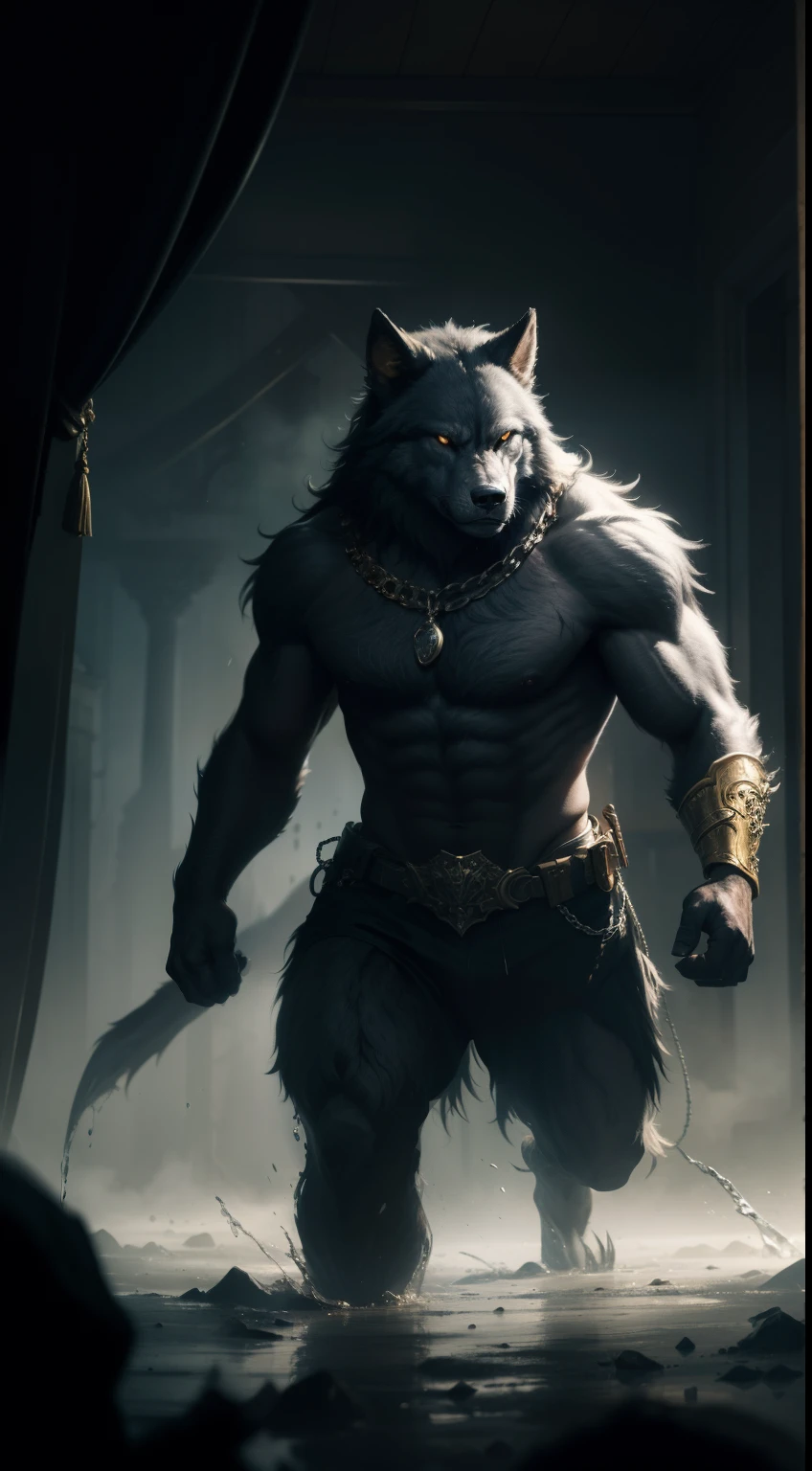 A stunning cinematic oil painting (1.1) depicting a regal werewolf guardian (0.8) emerging from a misty dark ink splash, surrounded by silver and golden paint splashes. The dynamic lighting adds a sense of mystery and power to the scene. Rendered in high resolution (8k) with intricate details and a clear silver finish.