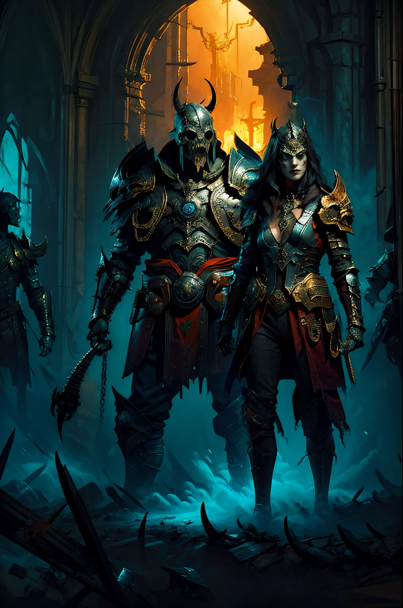 's, gothic art, lightand shade contrast, Standing painting, estimate, holland angle, emphasis lines, tmasterpiece, acurate, Anatomically correct, A high resolution, Best quality at best, super detailing, Award-Awarded，D14bl0 style necromancer，Humanoid monsters，A small amount of armor，withered face，sorcerous，，Epic war fantasy digital art，(greg rutkovsky:0.8), (cyan and orange:0.4），