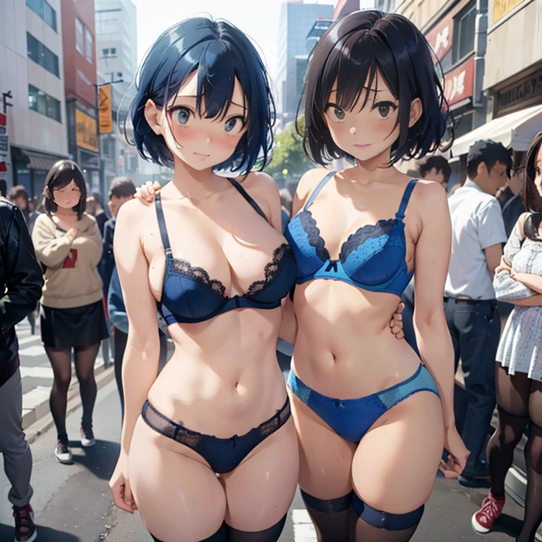 Sexy woman, short blue hair, pixie cut, bra and panties, thigh high socks, shoes, knees in, hands behind back, embarassed, shy, public, city street, crowd in background, crowd in foreground, standing, full body