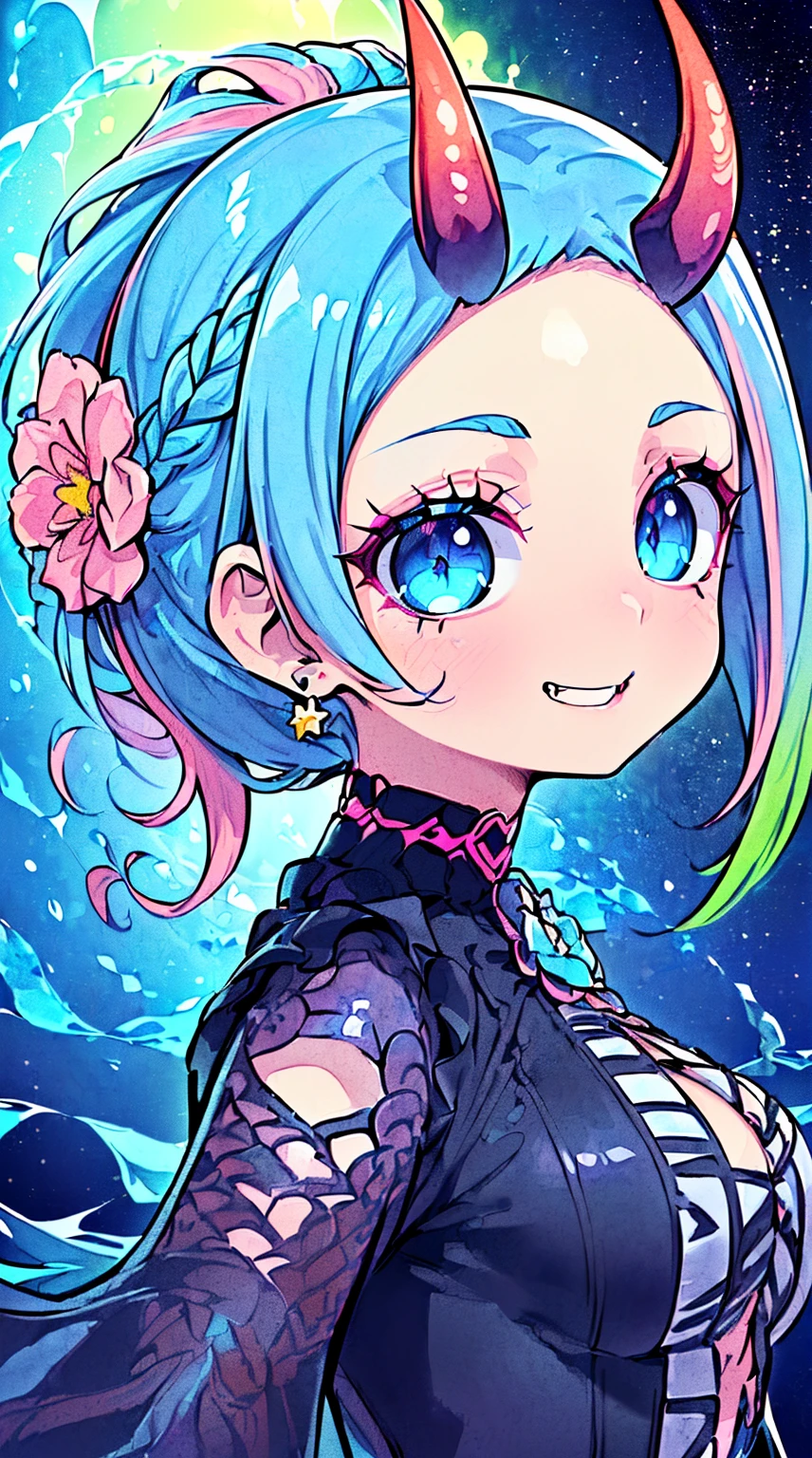 realistic art, extremely delicate and beautiful, ultra-detailed, (1girl), ((Blue eyes, floating, detailed light, illustration, dynamic angle, depth of field, ((((milf)))), girly, ((Blue and White hair, multicoloured hair, Blue highlights hair, (Ponytail), hair ornament, hair flower, flower, makeup, braid, smile)), demon eyes, fangs, pale white skin, (((best quality, tall girl, (skin indentation), (blur background:0.6), (casual yet stylish, ((Demon Horns)), ), gorgeous, (short hair:1.5), soft lighting, wind, (front light:1.5), surprised, choker, smile, jewelry, earrings))), ((( , (crazy eyes:1.3), (wide-eyed:1.2), (glowing eyes), (Demon) ))), (((a close up of a person with a weird face and nails, gothic maiden anime girl, gothic - cyberpunk, cyberpunk horror style, gothic art style, detailed digital anime art, gothic art, demon anime girl, gothic girl face, anime style 4 k, dark art style, anime cyberpunk art, gothic aesthetic, 18 - year - old anime goth girl, gothic horror vibe, masterpiece, top quality, best quality,watercolor (medium),official art, beautiful and aesthetic:1.2),(1girl:1.3), (fractal art:1.3),upper body, from side, looking at viewer,patterns,(rainbow color Hair,colorful hair,half blue and half pink hair:1.2),water,liquid, cloud,colorful, starry,stars,