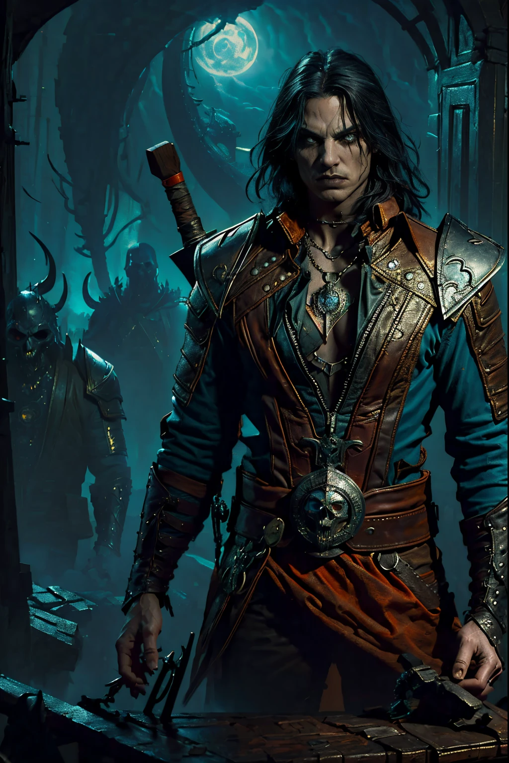 evil, Gothic art, chiaroscuro, tachi-e, projected inset, dutch angle, emphasis lines, masterpiece, ccurate, anatomically correct, highres, best quality, super detail, award winning,D14bl0 style witcher,Van Helsing,(((femele))),(Busty and sexy),Bigchest,Beautiful face,Gothic leather jacket,archers,(Sexual suggestiveness),Epic war fantasy digital art,(greg rutkovsky:0.8), (cyan and orange:0.4),character chart, tachi-e