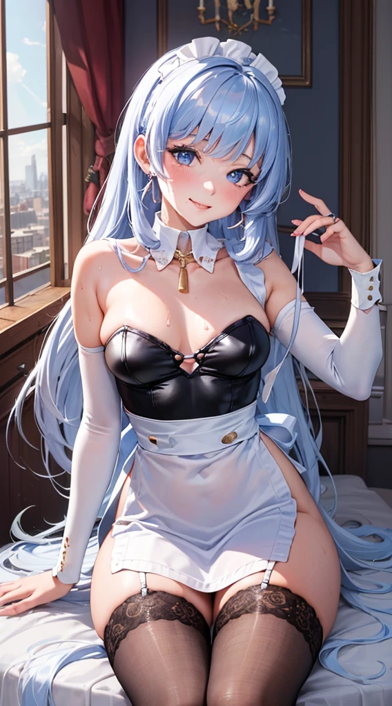 Character Details:, - Gender: 1 Girl.
- Style: Anime, - Body Type: Attractive body, slim body, nice legs, slim tights, nice arms, nice shoulders. - Breast: ((Small Breast:1.2)), Cleavage.
- Facial Feature: Beautiful, Gorgeous, ager, Fresh, Young.
- Expression: Shy, Smile, Horny, Pink Blush on Face, Sexy Eyes, Sexy Look, (Sweating:1.4), Innocent Look, Tipsy. - Hairstyle: Blunt Bangs, Long Hair. - Hair Color: Light Blue Hair.
- Clothing: (Sexy Maid Dress:1.2), (white Apron:1.3). - Body Pose: (Kneel). - Behaviour: Waiting, Want Something, Secretly.
- Accessories: Earrings., Environmental Details:, - Setting: Bed Room., - Lighting: Natural Light., - Decoration: Modern Bed, Desk, Chair, Window, curtain, City View. Top view. pov, anime style, UHD, retina, masterpiece, accurate, anatomically correct, textured.