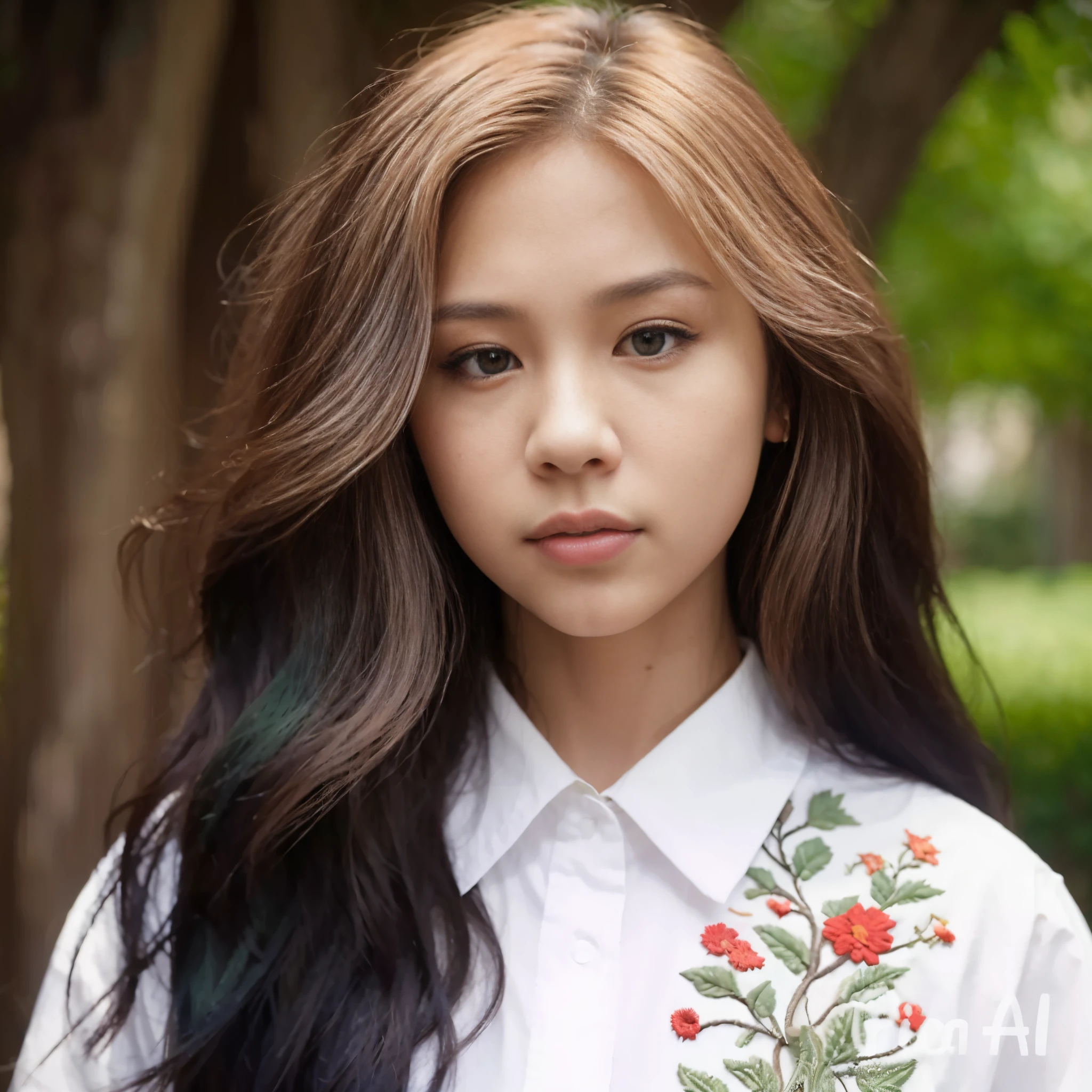A photorealistic portrait of a 20-year-old asian girl with long hair two-tone color like a billie eilish. wearing shirt white embroidery, She should natural expression. The background should be a garden tree. Capture this image with a high-resolution photograph using an 85mm lens for a flattering perspective.