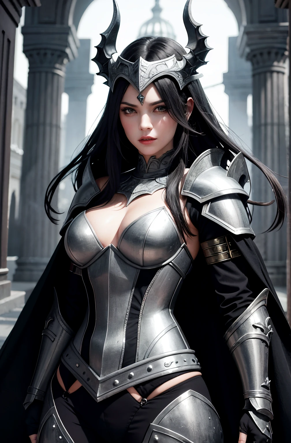 Por favor, create a digital illustration of a girl in fantasy RPG armor. The armor must be detailed and have a somewhat demonic design. The girl must be standing, em uma pose heroica, com a armadura cobrindo todo o corpo. Her facial expression should convey determination and confidence. Por favor, inclua elementos como chifres curvados, asas escuras e detalhes intricados na armadura. Make sure the illustration is colorful and demonic tones are present in the color palette. The background scene can be a fantastic environment, like a mystical battlefield or a hellish realm, para complementar o tema. The goal is to create a captivating and powerful image that represents this demonic warrior in all her splendor.."
