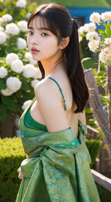 (((HD photo))), ultra high res.photorealistic:. 1.4, UHD a woman in a beautiful garden, wearing a traditional shalwar kameez dress, standing gracefully with a serene expression. The woman has almond-shaped eyes with long eyelashes and perfectly shaped eyebrows. Her lips are full and delicately detailed, adding to her beauty. The shalwar kameez dress is made of fine silk fabric with intricate embroidery, displaying vibrant colors and patterns. The garden is filled with blooming flowers, lush green trees, and a tranquil pond. The sunlight gently filters through the foliage, casting a warm and soft glow on the scene. The image is of the highest quality, with ultra-detailed textures and realistic rendering. The colors are vivid and vibrant, creating a visually stunning masterpiece.