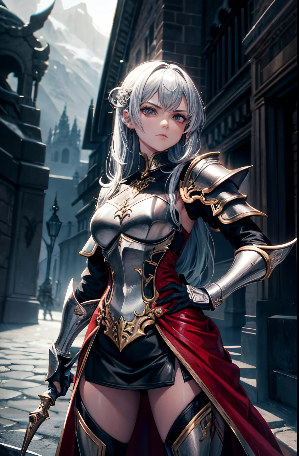 Por favor, create a digital illustration of a girl in fantasy RPG armor. The armor must be detailed and have a somewhat demonic design. The girl must be standing, em uma pose heroica, com a armadura cobrindo todo o corpo. Her facial expression should convey determination and confidence. Por favor, inclua elementos como chifres curvados, asas escuras e detalhes intricados na armadura. Make sure the illustration is colorful and demonic tones are present in the color palette. The background scene can be a fantastic environment, like a mystical battlefield or a hellish realm, para complementar o tema. The goal is to create a captivating and powerful image that represents this demonic warrior in all her splendor.."