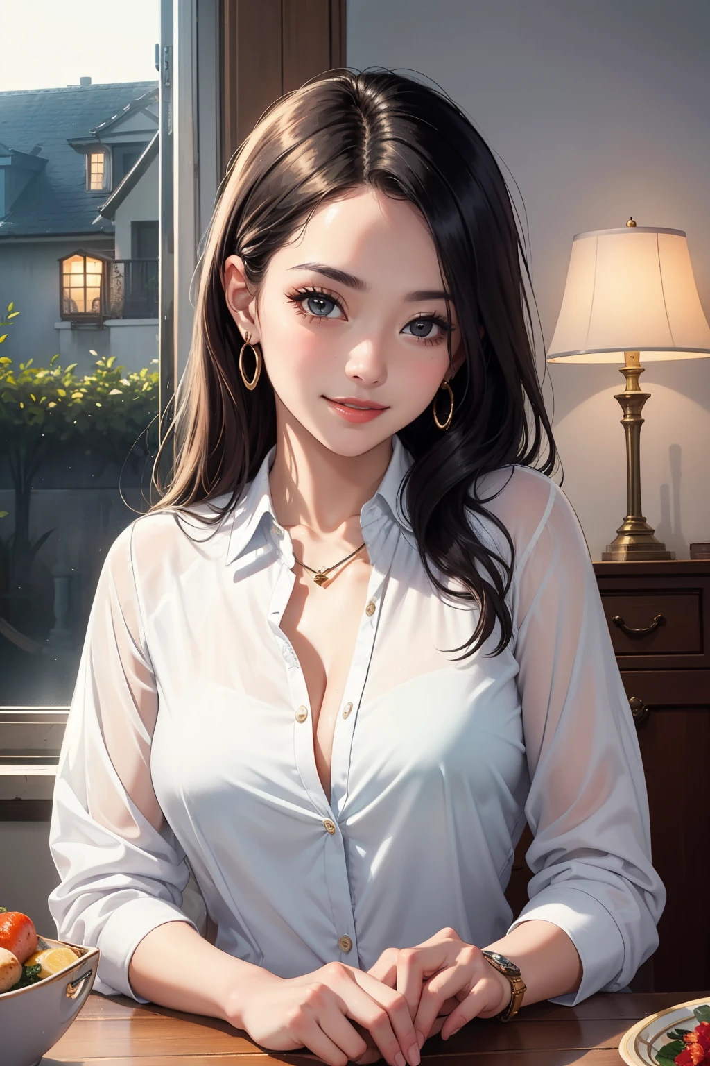 masterpiece, best quality, ultra-detailed, illustration, epic lighting, cinematic composition, isometric, 1girl, (solo:1.5), cute, blue eyes, green eyes, detailed iris, black hair, swept bangs, single sidelock, red hairclip, unbuttoned white shirt, choker, loose black necktie, black pants, formal, enchanting gaze, captivating pose, indoors, office, door, opening door, looking at viewer, peeking out upper body, blush, seductive smile, closed mouth,(8k:1.1), (ahegao:1.5)