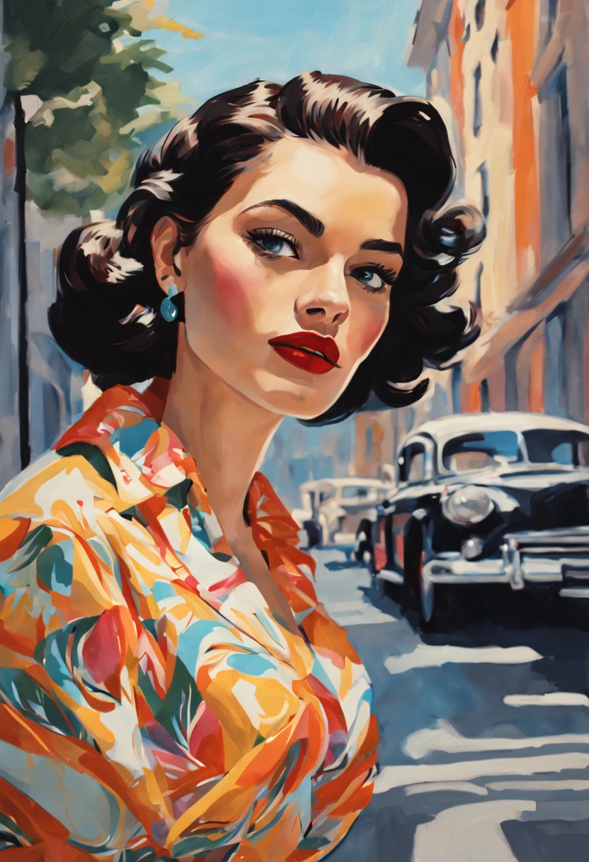 (best quality,4k,highres,masterpiece:1.2),ultra-detailed,gouache and pastel textures,1940s vibe,gouache painting,vibrant colors,paint:1.1,pop art,retro style,illustration,vintage fashion,black hair:1.1,side swept hair,modern beauty standards,beautiful woman,stylish makeup,luminous complexion,captivating eyes:1.1,full lips,nostalgic atmosphere,fashionable dress,graceful posture,confident expression,seductive charm,street scene,urban backdrop,cityscape, vibrant energy,exciting composition,lively ambiance,playful and alluring,artistic interpretation