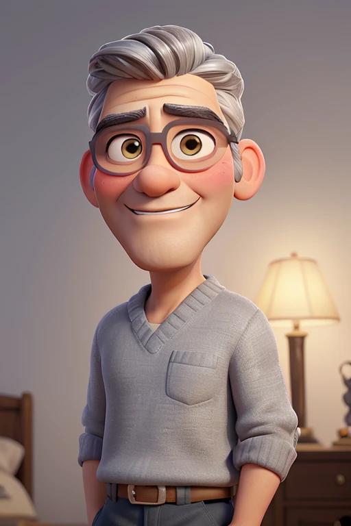 Gere uma imagem de George Clooney inspirada nos estilos visuais dos filmes "UP!" e "Ratatouille" da Pixar. In this representation, Clooney only wears a black turtleneck sweater that adds a touch of elegance to his figure.
George Clooney is smiling with a wide smile, exibindo os dentes de maneira natural e confiante, in line with Pixar's expressive aesthetic. His brown eyes are large and expressive, capturing the actor's characteristic intensity and charisma. Make sure he is looking directly at the camera, conveying the confidence and striking presence that are characteristic of Clooney, with a well-built body and head proportionate to the body.
The lighting in the scene highlights Clooney's facial features in a friendly way., com uma luz frontal suave que enfatiza seu rosto. Adicionalmente, uma luz azulada vinda de lado adiciona um toque sutil de cor, inspirado na atmosfera visualmente atraente dos filmes da Pixar.
The scenery is composed of a plain gray background., evoking the cinematic and elegant aesthetic present in Pixar films. This composition aims to capture the unique and expressive essence of the characters in these animations., while celebrating the charismatic presence of George Clooney