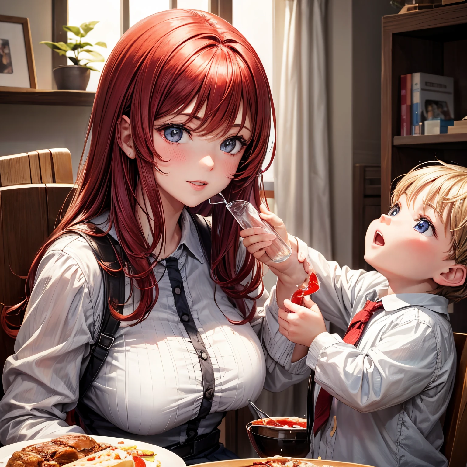 a mature big sister,Pretty face slightly red,While having with a cute boy,While feeding him milk