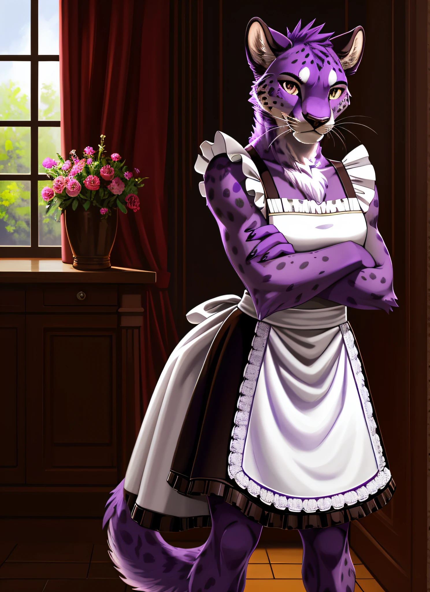anthro, purple cheetah, female, brown eyes, purple body (purple fur: 1.3), (realistic: 1.3), standing and crossed arms (upper body focus: 1.3), detailed face, detailed brown eyes, detailed purple fur, digitigrade, seductive pose, maid, digital painting, natural lighting, photorealistic, (maid outfit: 1.1)