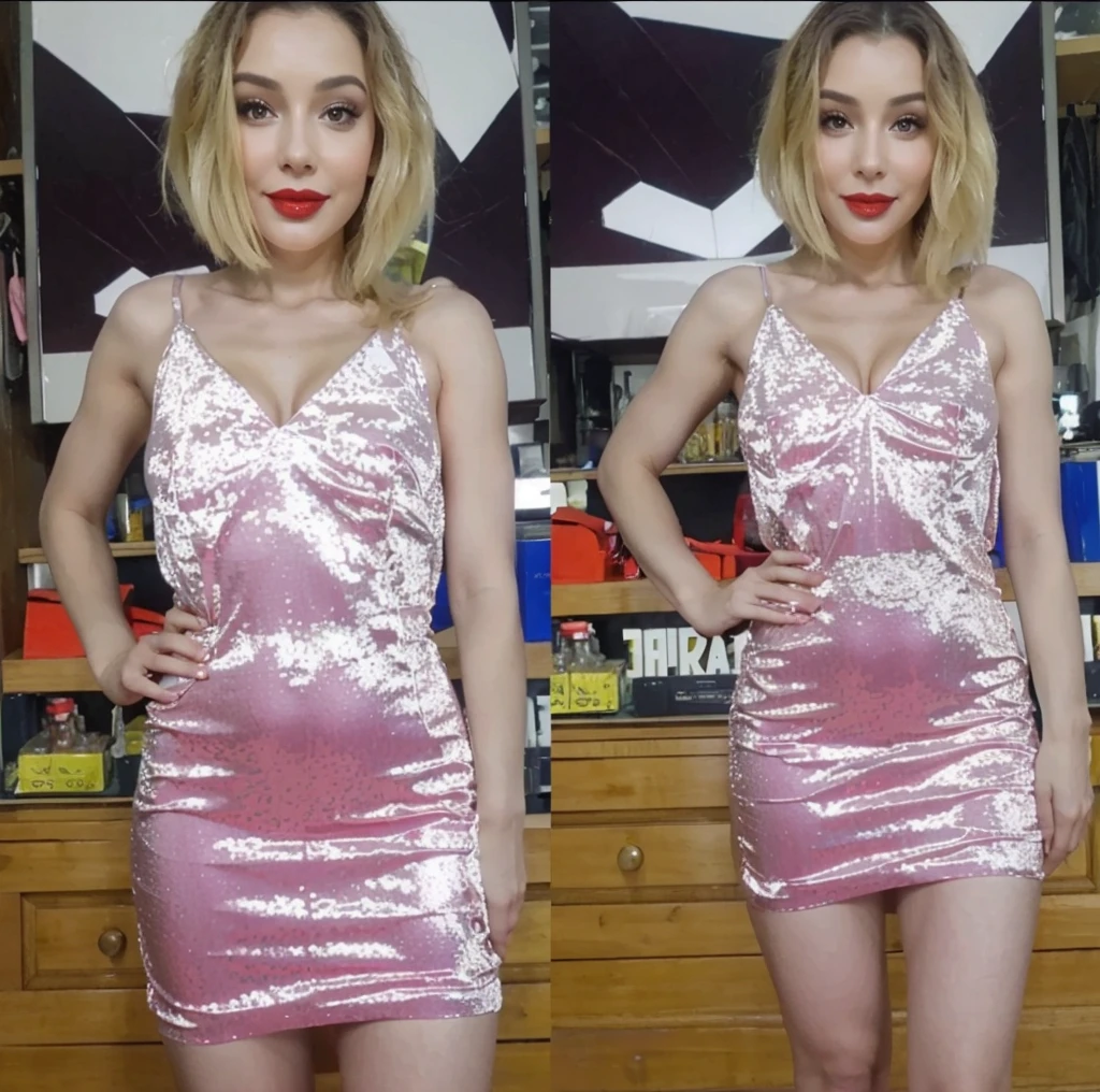 Smile, deep cleavage, shiny red lips, tiny waist, (enormous breasts 3.0)